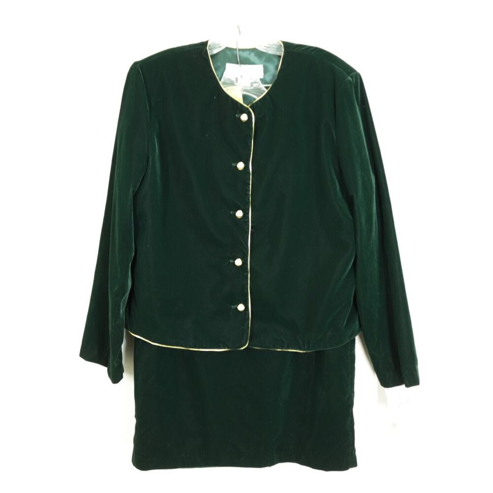 Vtg Norton McNaughton Skirt Suit 14 Forest Green Velvet Gold Trim Jacket